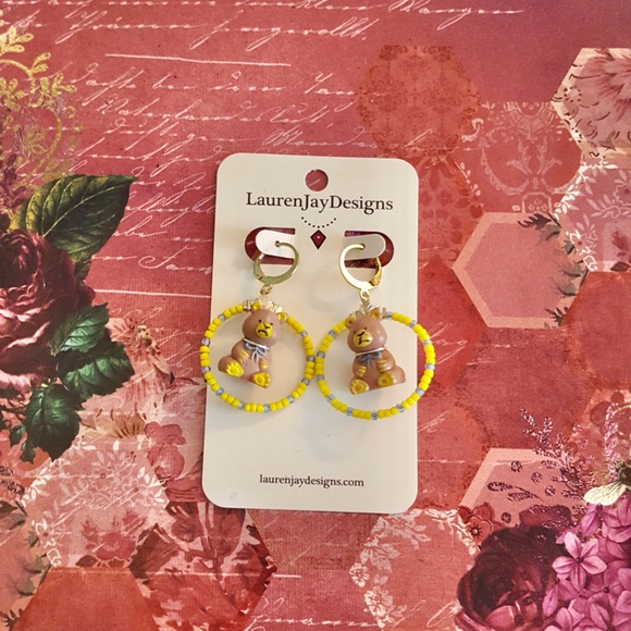 Teddy's Wonderland Yellow and Blue Beaded Gold Hoop Dangle Earrings - Picture 2 of 5